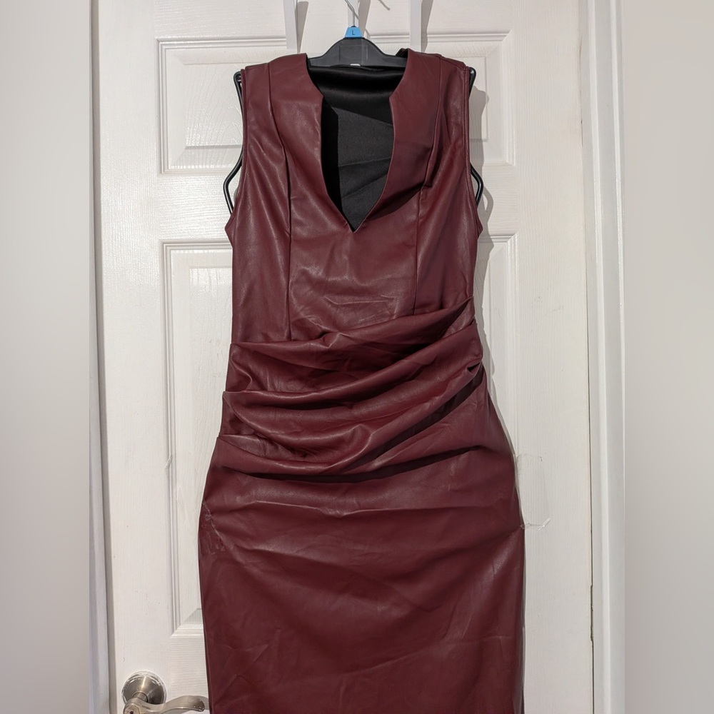 Micas Faux Leather V-neck Ruched Maxi Dress - Picture 7 of 14